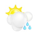 Vector 3D realistic solid cloud with three waterdrops and the yellow sun. Render of the icon with sunny rain for weather forecast