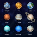 Vector 3d Realistic Space Planet Icon Set on Dark Starry Sky Background. The Planets of the Solar System. Galaxy Royalty Free Stock Photo
