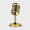 Vector 3d Realistic Steel Golden Retro Concert Vocal Microphone with Stand Icon Closeup Isolated on Transparent