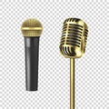 Vector 3d Realistic Steel Golden Retro Concert Vocal Stage Microphone Icon Set Closeup Isolated on Transparent Royalty Free Stock Photo