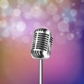 Vector 3d Realistic Steel Retro Concert Vocal Microphone Closeup on Blur Purple Colorful Background with Bokeh. Design