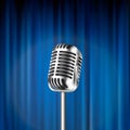 Vector 3d Realistic Steel Silver Retro Concert Vocal Stage Microphone Closeup Isolated On Blue Curtains Background