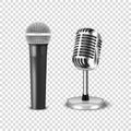 Vector 3d Realistic Steel Silver Retro Concert Vocal Stage Microphone Icon Set Closeup Isolated on Transparent