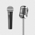 Vector 3d Realistic Steel Silver Retro Concert Vocal Stage Microphone Icon Set Closeup Isolated on Transparent