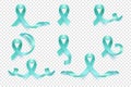 Vector 3d Realistic Teal Ribbon Set. Ovarial Cancer Awareness Symbol Closeup. Cancer Ribbon Template. World Ovarial