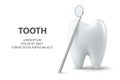 Vector 3d Realistic Tooth and Dental Mirror Closeup Isolated on White Background. Medical Dentist Banner. Design