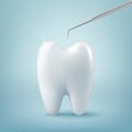 Vector 3d Realistic Tooth and Dental Probe for Teeth Closeup on Blue Background. Medical Dentist Tool. Design Template