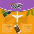 Vector 3D Realistic Travel and Tour creative Poster Design with realistic airplane, world map, passport and air tickets Royalty Free Stock Photo