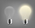 Vector 3d Realistic Turning On and Off Light Bulb Icon Set Closeup Isolated on Gray Background. Glowing Incandescent