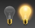 Vector 3d Realistic Turning On and Off Light Bulb Icon Set Closeup Isolated on Transparent Background. Glowing Royalty Free Stock Photo