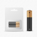 Vector 3d Realistic Two Alkaline Black and Brown Battery in Paper Blister and Battery Icon Closeup Set Isolated. AA Size