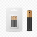 Vector 3d Realistic Two Alkaline Black and Brown Battery in Paper Blister and Battery Icon Closeup Set Isolated. AA Size