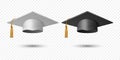 Vector 3d Realistic White and Black Graduate College, High School, University Black Cap Icon Set Closeup Isolated Royalty Free Stock Photo