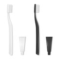 Vector 3d Realistic White and Black Hotel Plastic Blank Toothbrush and Tooth Paste Tube Set Isolated on White. Design