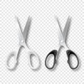 Vector 3d Realistic White and Black Metal Opened Stationery Scissors with Plastic Handles Icon Set Closeup Isolated