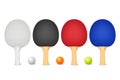 Vector 3d Realistic White, Black, Red, Blue Ping Pong Racket and White, Orange, Green Ball Icon Set Isolated on White Royalty Free Stock Photo