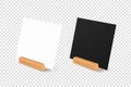 Vector 3d Realistic White and Black Square Blank Paper Sheet, Card on Wooden Holder, Stand. Design Template for Mockup