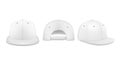 Vector 3d Realistic White Blank Baseball Cap, Snapback Cap Icon Set Closeup Isolated on White Background. Design