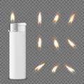 Vector 3d Realistic White Blank Cigarette Lighter Icon Closeup Isolated on Transparent Background with Flame Set. Design Royalty Free Stock Photo