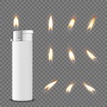 Vector 3d Realistic White Blank Cigarette Lighter Icon Closeup Isolated on Transparent Background with Flame Set. Design Royalty Free Stock Photo