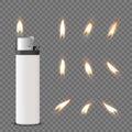 Vector 3d Realistic White Blank Cigarette Lighter Icon Closeup on Transparent Background with Flame Set. Design