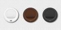 Vector 3d Realistic White, Brown, Black Disposable Plastic Coffee Cup Lid Icon Set Closeup Isolated on Transparent Royalty Free Stock Photo