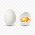 Vector 3d Realistic White Chicken Eggs. Broken Chicken Egg, Cracked Two Parts, Opened Crack Raw Chicken Egg With Yolk Royalty Free Stock Photo