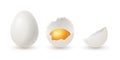 Vector 3d Realistic White Chicken Eggs. Whole and Broken Cracked Chicken Egg, Two Parts, Opened Crack Raw Chicken Egg