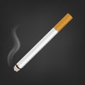 Vector 3d Realistic White Clear Blank Whole Lit Cigarette with Smoke Icon Closeup Isolated on Black Background. Design