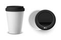 Vector 3d Realistic White Disposable Closed Paper, Plastic Coffee Cup for Drinks with Black Lid Set Closeup Isolated on Royalty Free Stock Photo