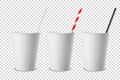 Vector 3d Realistic White Disposable Opened Blank Paper, Plastic Coffee, Tea Cup for Drinks with Straw Icon Set Closeup Royalty Free Stock Photo