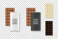 Vector 3d Realistic White, Milk and Dark Black Brown Chocolate Bar Icon Set Closeup Isolated on Transparent Background Royalty Free Stock Photo