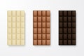 Vector 3d Realistic White, Milk and Dark Black Chocolate Bar Icon Set Closeup Isolated on White Background. Design Royalty Free Stock Photo