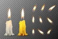 Vector 3d realistic white and orange paraffin or wax burning party candle or candle stump and different flame of a