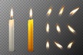 Vector 3d realistic white and orange paraffin or wax burning party candle and different flame of a candle icon set