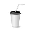 Vector 3d realistic white paper disposable cup with black paint and drink straw isolated on white background. Coffee Royalty Free Stock Photo