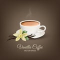 Vector 3d Realistic White Porcelain Ceramic Mug, Hot Milk Coffee, Foam, Smoke and Vanilla Flower. Capuccino, Latte