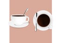 Vector 3d realistic white porcelain ceramic mug with a spoon from the front, top view. Coffee. Vector illustration