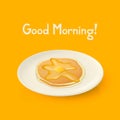 Vector 3d Realistic White Porcelain, Ceramic Plate, Pancakes, Honey, Butter Closeup. Design Template for Mockup. Stock