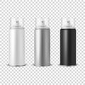 Vector 3d Realistic White, Silver, Black Aluminum Blank Spray Can, Bottle, Transparent Lid Set Isolated. Design Template