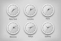 Vector 3d Realistic White Wall Office Clock Set. Time Zones of Different Cities, White Dial. Design Template of Wall