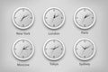 Vector 3d Realistic White Wall Office Clock Set. Time Zones of Different Cities, White Dial. Design Template of Wall