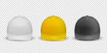 Vector 3d Realistic White, Yellow and Black Plastic Safety Helmet Icon Set Closeup Isolated on White Background. Head