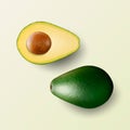 Vector 3d Realistic Whole and Cut Half Avocado with Seed Set Closeup Isolated on Green Background. Design Template, Food Royalty Free Stock Photo