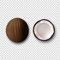 Vector 3d Realistic Whole and Halves Coconut Icon Set Closeup Isolated on Transparent Background. Design Template of