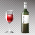 Vector 3d realistic wine bottle with wineglass