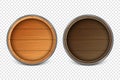 Vector 3d Realistic Wooden Barrel Lid for Storing Alcoholic Beverages Set. Brown Beer, Wine Wooden Barrels. High