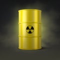 Vector 3d Realistic Yellow Barrel on Black Smoked Background, Nuclear Sign, Hazard Liquid. Caution, Radioactive