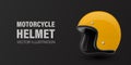 Vector 3D Realistic Yellow Classic Vintage Open-Face Motorbike Helmet. Glossy Motorcycle Helmet Design Template for