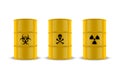 Vector 3d Realistic Yellow Simple Glossy Enamel Metal Oil, Fuel, Gasoline Barrels. Biohazard, Danger, Radiation Sign